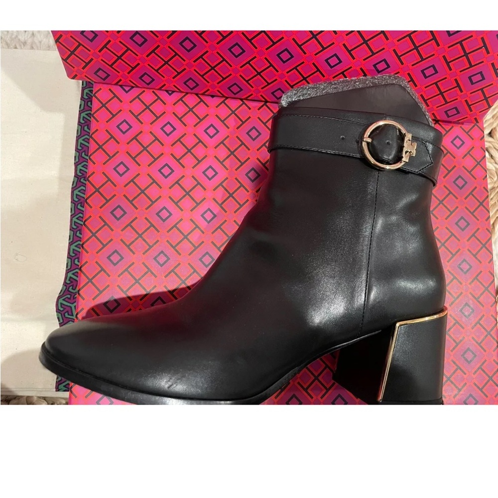 Tory Burch Sofia Dress Bootie Logo 60MM Heels Calf Leather Black 8 Heeled HI VEG